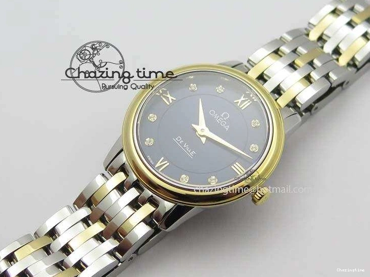 0124 HighQuality De Ville 27mm SS YG Ladies MK 1:1 Best Edition Blue Dial Diamond Markers On SS Bracelet Ronda Quartz 8186